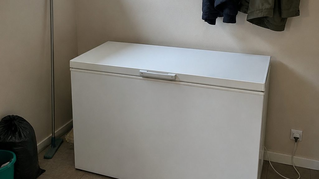 An old chest freezer in a small utility room